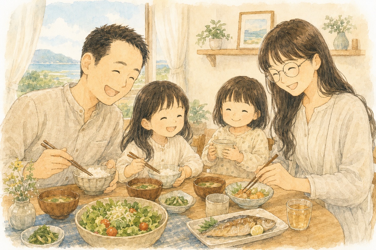 窓の外に海が見える食卓で、夕食を笑顔で囲む4人家族の水彩イラスト