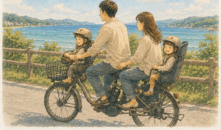 子乗せ電動自転車に乗る親子の水彩イラスト